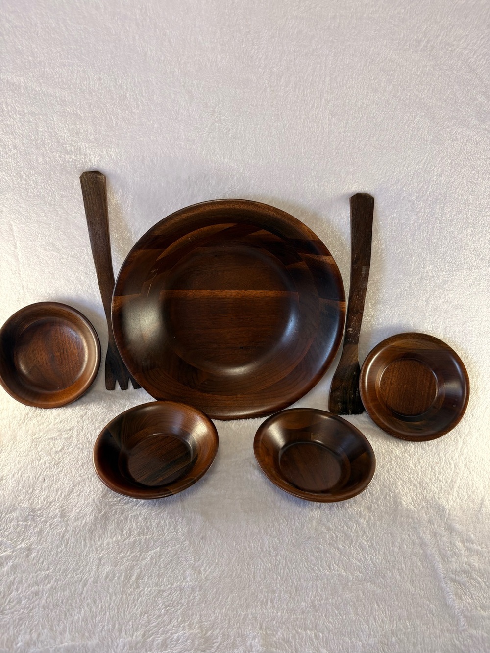 🤎 Vintage Vermillion Real Walnut Serving Bowl Set – MCM Wooden Salad Bowl Set